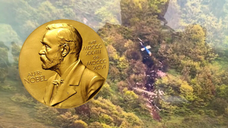 Das Bild zeigt eine Nobelpreismedaille und die Absturzstelle von Raisi