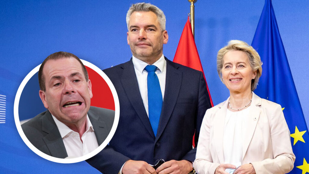 Nehammer und Von der Leyen posieren vor der Österreich und der EU-Flagge, daneben ein schreiender Harald Vilimsky