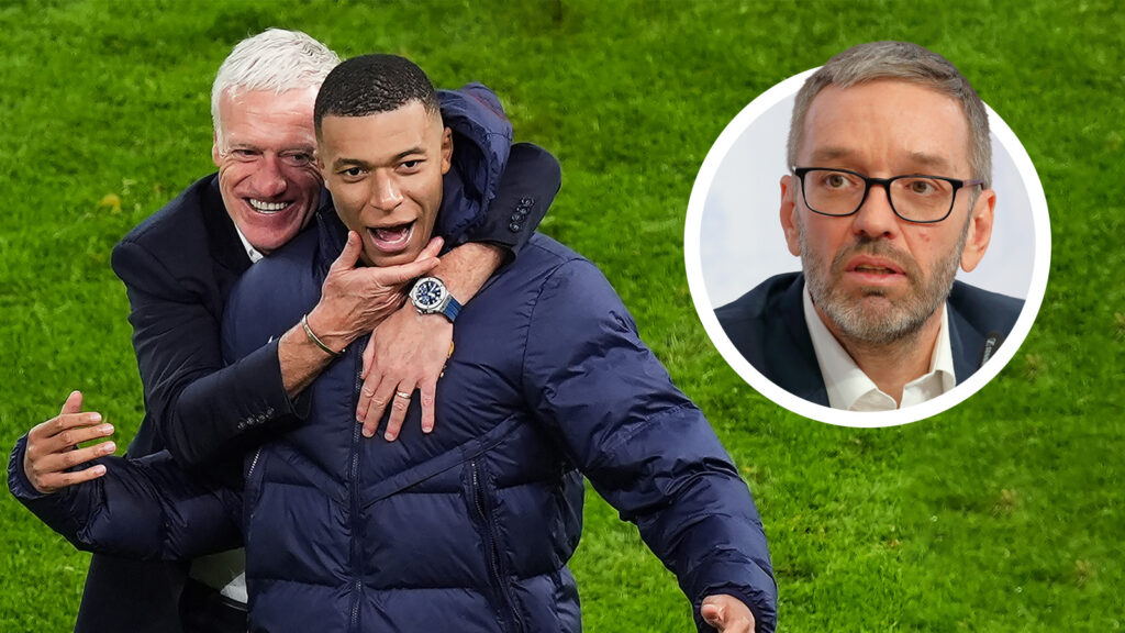 Das Bild zeigt einen feiernden Mbappé, daneben Herbert Kickl
