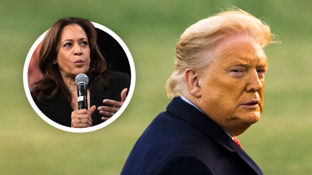 Harris spricht in ein Mikrofon, daneben Donald Trump mit äußerst orangem Gesicht.