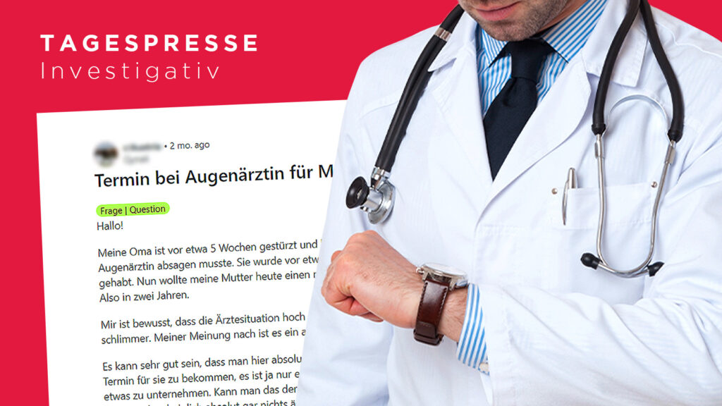 Das Bild zeigt das Tagespresse investigativ Logo, einen Reddit Screenshot und einen Arzt, der auf seine Armbanduhr schaut.