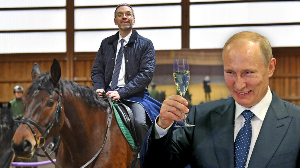 Putin prostet Kickl zu, der grinsend auf einem Pferd sitzt