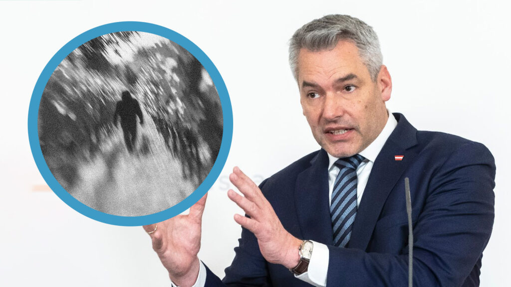 Das Bild zeigt Nehammer und ein Bild einer Yeti-Sichtung.