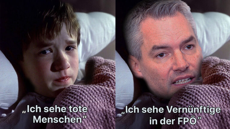 Das Kind aus Sixth Sense und Nehammer nebeneinander. Das Kind sieht tote Menschen. Nehammer Vernünftige in der FPÖ