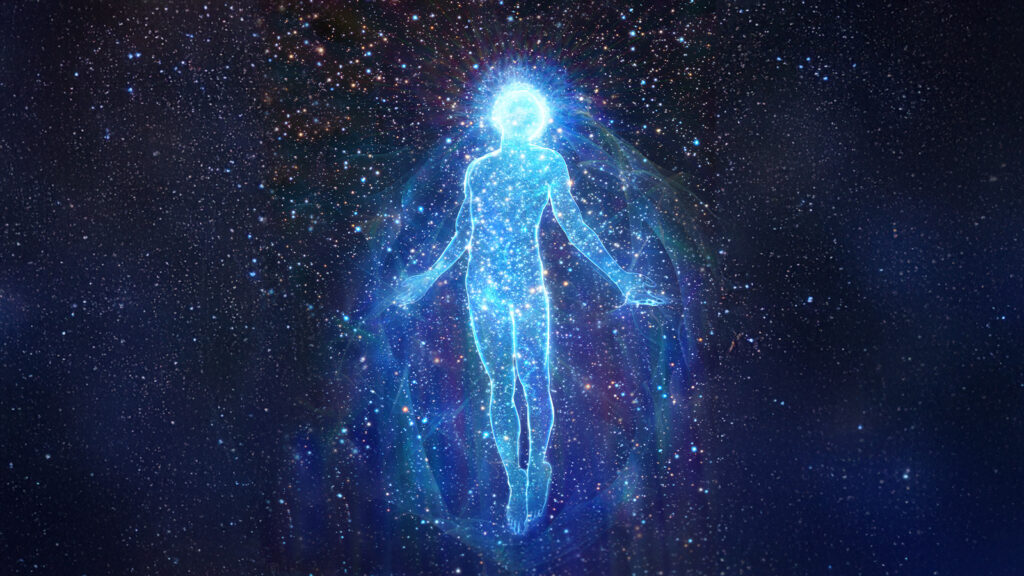Ein astraler Körper steigt in den Sternen-Himmel auf.