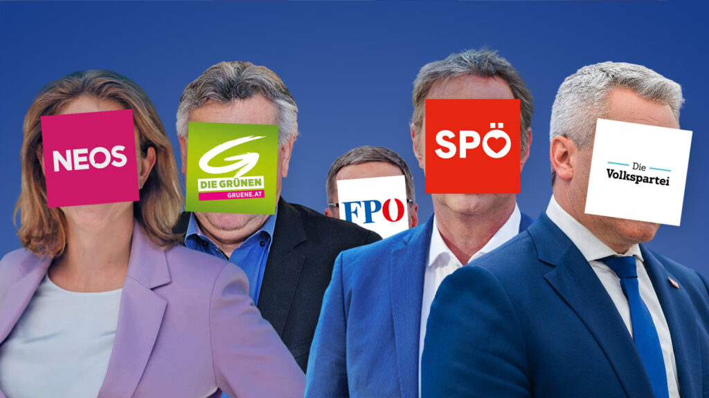Die SpitzenkandidatInnen posieren vor einem blauen Hintergrund und haben Ihre Gesichter mit den jeweiligen Parteilogos überklebt.