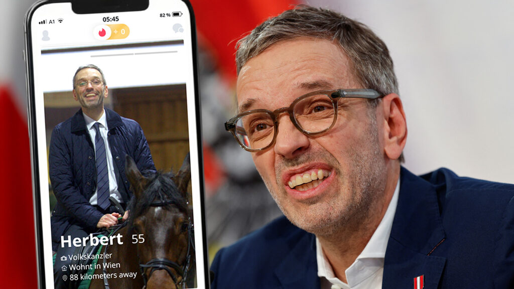Kickl schaut verzwickt, neben ihm sieht man sein Tinder Profil.