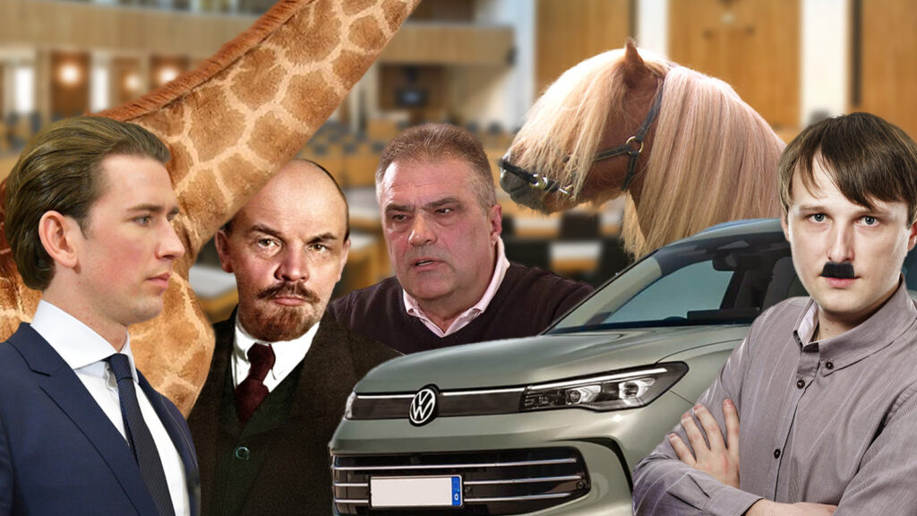 Das Bild zeigt Ott, Kurz, Harald Hitler, eine Giraffe, ein Pony und einen VW Tiguan im Parlament.