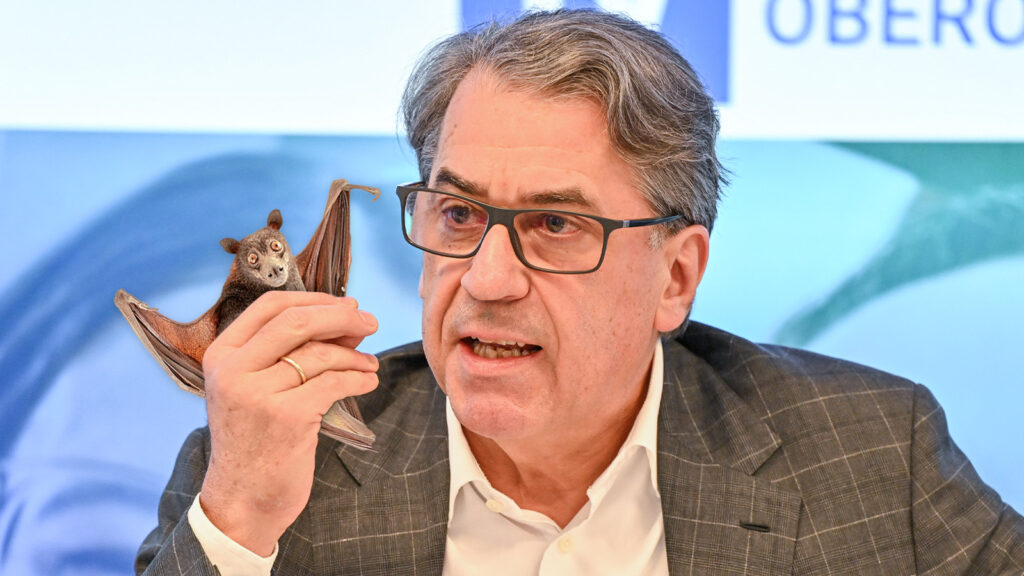 Das Bild zeigt Pierer mit einer ängstlichen Fledermaus in der Hand.