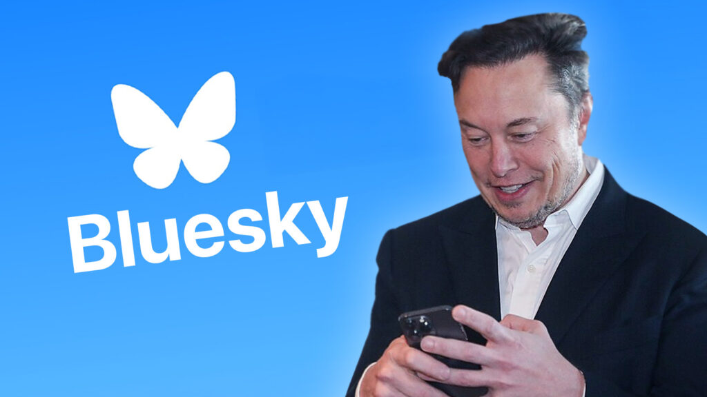 Das Bild zeigt Elon Musk wie er auf sein Handy schaut. Daneben das Bluesky Logo.