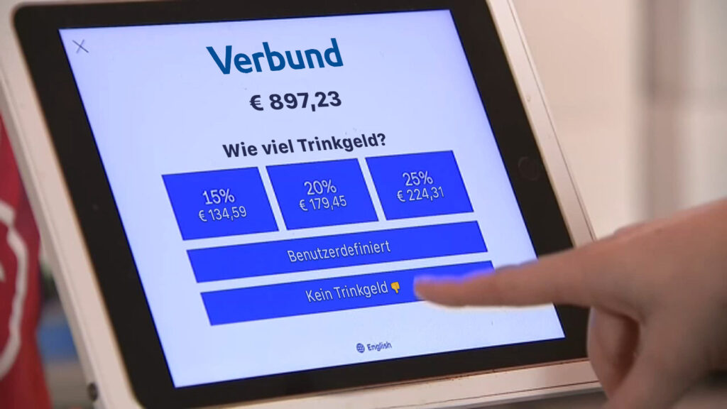 Bildschirm mit verschiedenen Trinkgeld-Sätzen zum Auswählen