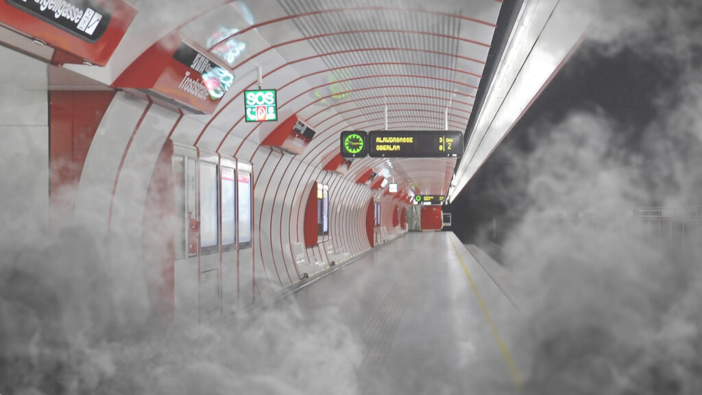Das Bild zeigt einen verrauchten U1-Bahnsteig.