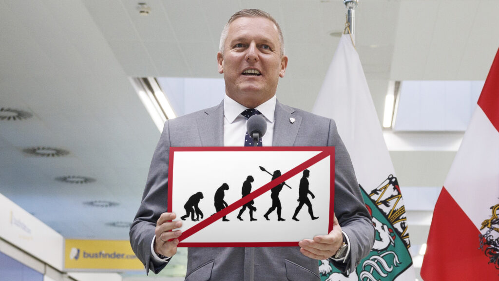 Das Bild zeigt Kunasek mit einem rot durchgestrichenen Piktogramms des aufrechten Gangs.