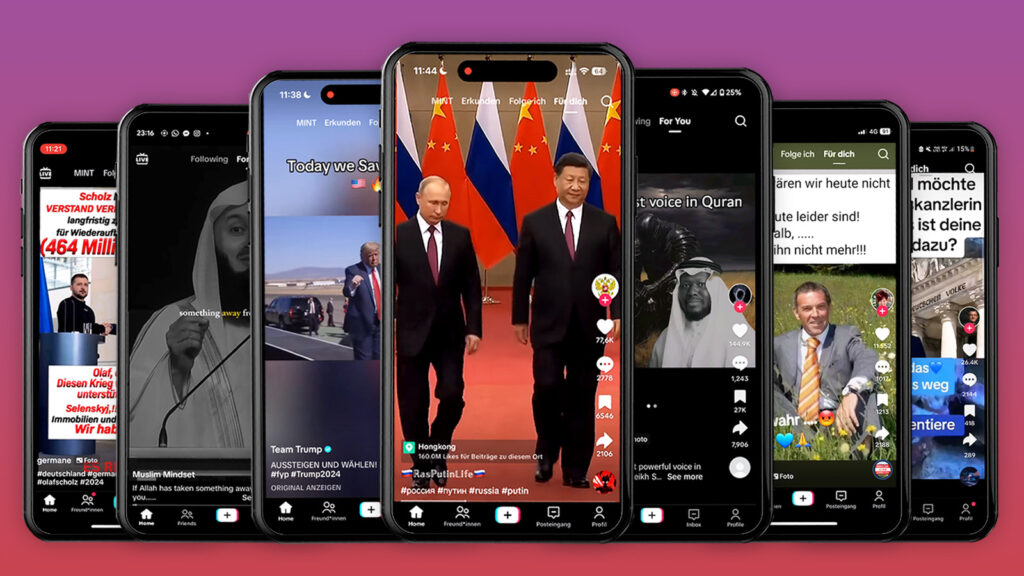 Das Bild zeigt Tiktok Screenshots von Putin, Xi, Trump, Haider, Weidl etc.
