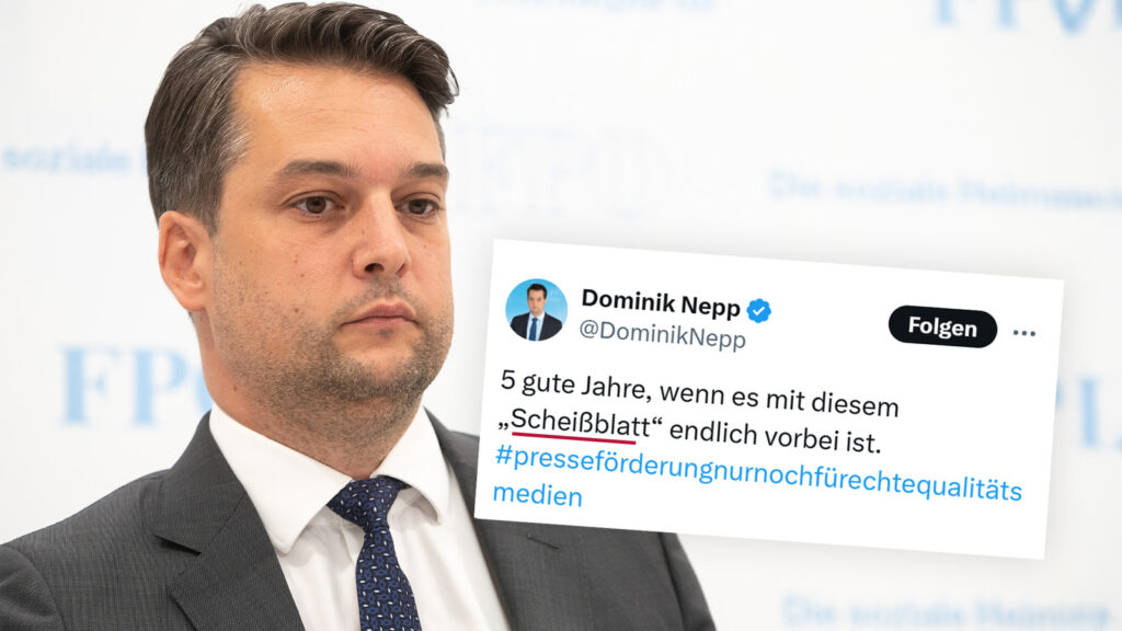 Das Bild zeigt Dominik Nepp und seinen Tweet der sich "5 gute Jahre, wenn es mit diesem 'Scheißblatt' endlich vorbei ist" liest.