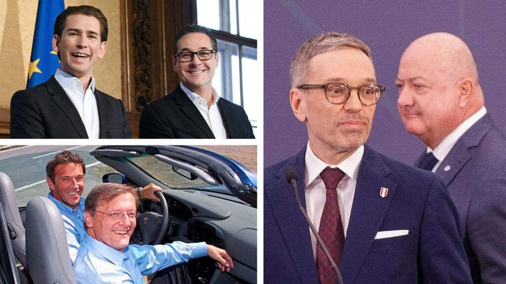 Das Bild zeigt Kickl und Stocker, Strache und Kurz sowie Haider und Schüssel.