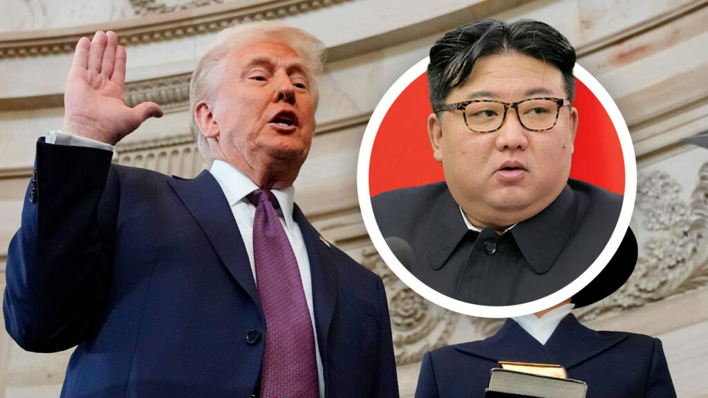 Das Bild zeigt Trump bei seinem Amtsschwur, daneben Kim Jong Un.