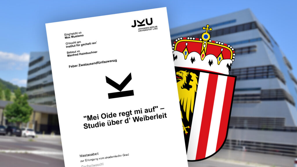 Das Bild zeigt das Deckblatt einer oberösterreichischen Forschungsarbeit. Im Hintergrund die JKU Uni.