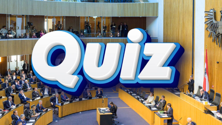 Das Bild zeigt ein Foto des Nationalrats, darüber prangt der Schriftzug "Quiz".