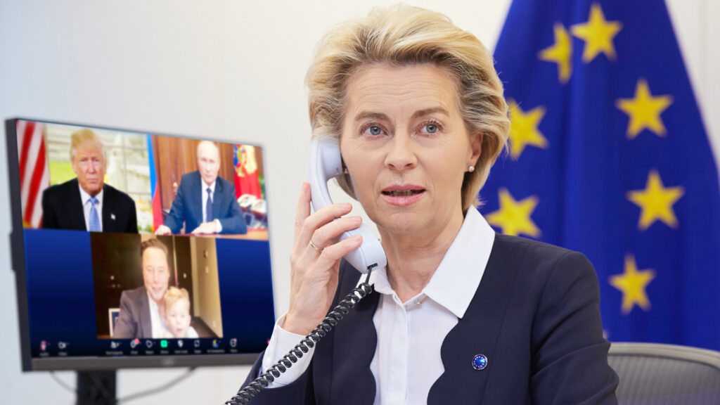 Das Bild zeigt Von der Leyen an einem Telefon. Im Hintergrund steht ein Bildschirm der Trump, Putin und Elon Musk zeigt.