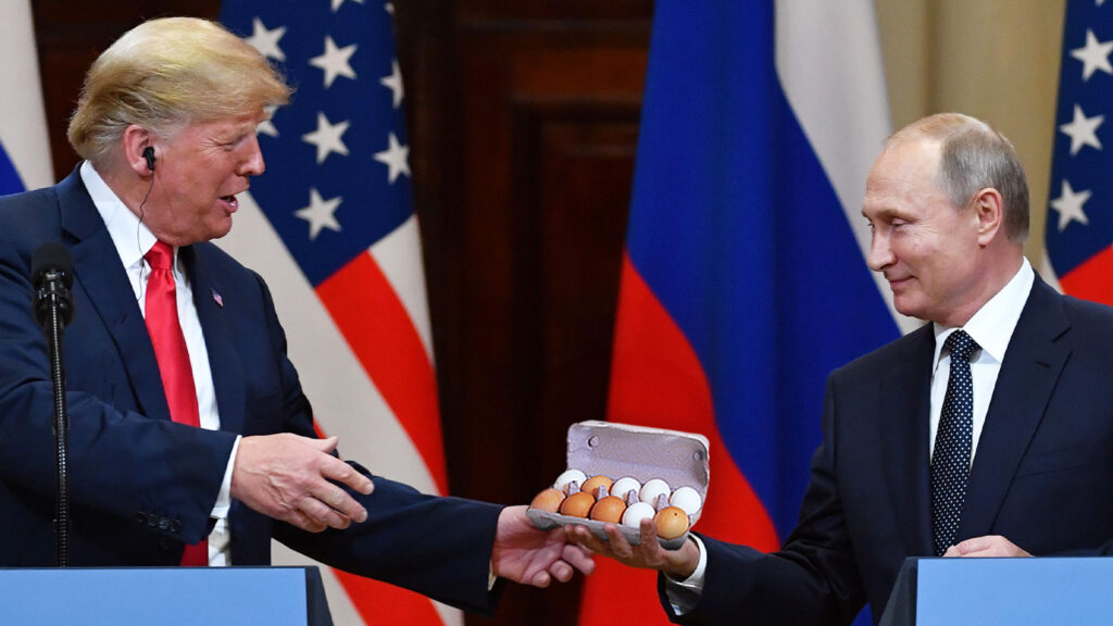 Das Bild zeigt Putin bei der Übergabe eines Eierkartons an Trump.