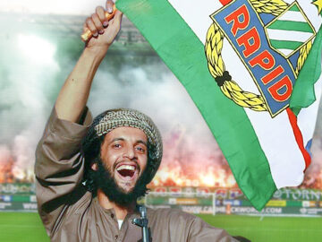 Das bild zeigt einen Islamisten, der eine Rapid Fahne schwenkt. Im Hintergrund Pyrofeuer.