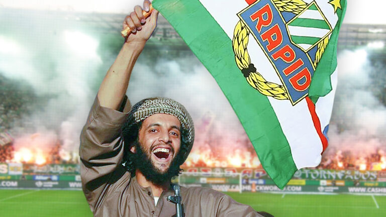 Das bild zeigt einen Islamisten, der eine Rapid Fahne schwenkt. Im Hintergrund Pyrofeuer.