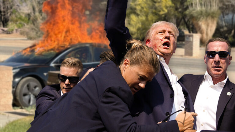 Das Bild zeigt Secret Service Mitarbeiter, die Trump von einem brennenden Tesla wegzerren.