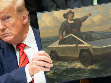 Trump hält ein Bild von Christopher Kolumbus hoch
