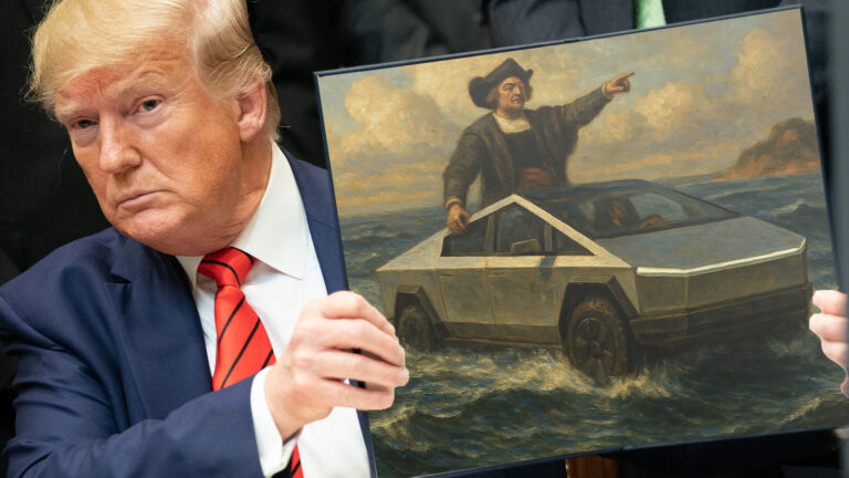 Trump hält ein Bild von Christopher Kolumbus hoch
