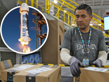 Amazon-Mitarbeiter, daneben Blue-Origin-Rakete