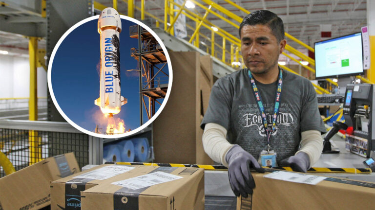 Amazon-Mitarbeiter, daneben Blue-Origin-Rakete