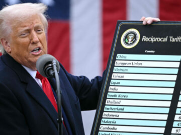 Das Bild zeigt Trump mit einer Tafel, auf der die Zölle für jedes Land aufgelistet sind.