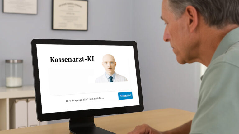 Das Bild zeigt einen Patienten vor einem PC-Bildschirm. Der Bildschirm zeigt die Hausarzt KI.