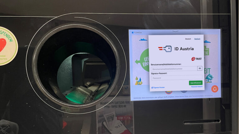Pfandrückgabe-Automat mit ID-Austria Loginmaske