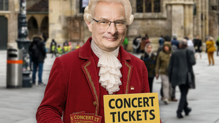 Das Bild zeigt Minister Marterbauer beim Verkauf von Konzerttickets auf dem Stephansplatz.