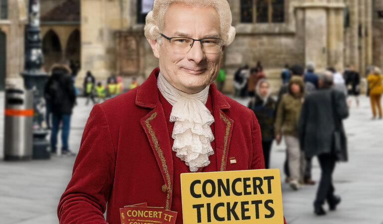 Das Bild zeigt Minister Marterbauer beim Verkauf von Konzerttickets auf dem Stephansplatz.