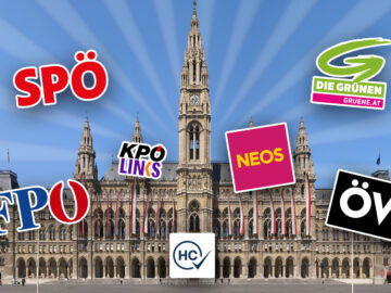 Wiener Rathaus mit Parteilogos