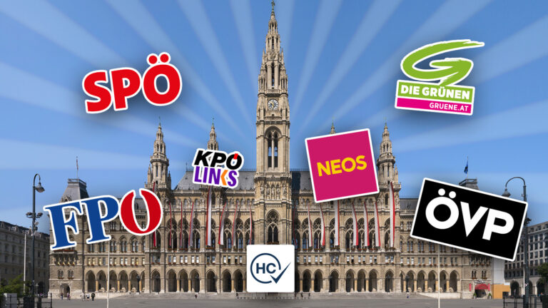 Wiener Rathaus mit Parteilogos