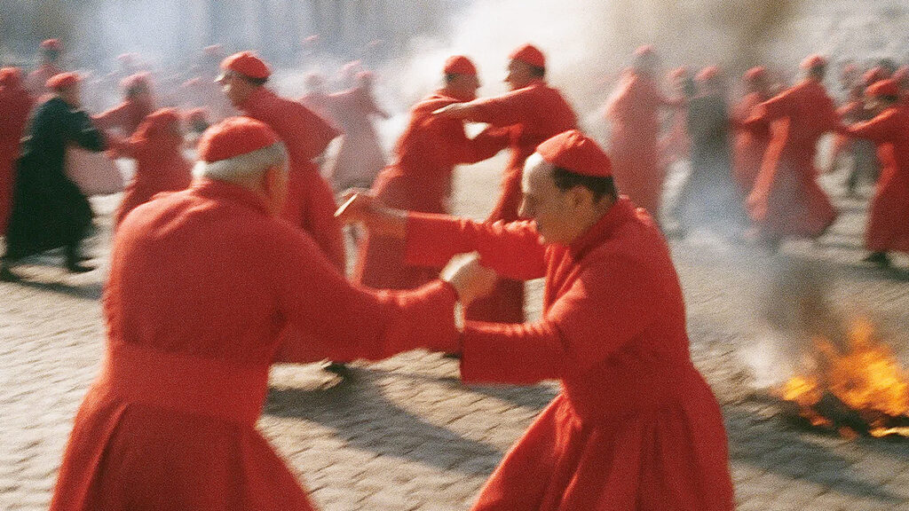Das Bild zeigt dutzende Kardinäle, die am Petersplatz kämpfen.