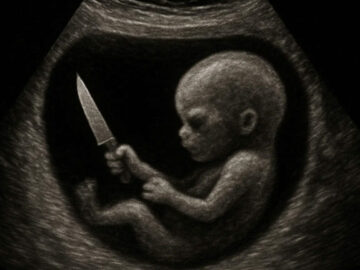 Embryo mit Messer in der Hand