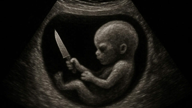 Embryo mit Messer in der Hand