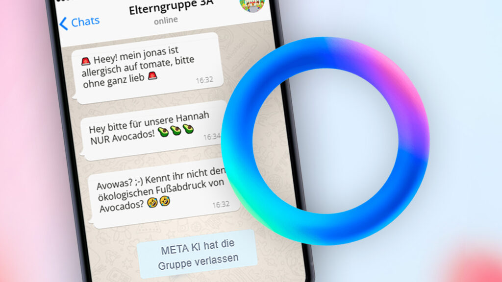 Das Bild zeigt einen Whatsapp-Gruppenchat und das Logo der Meta-KI.