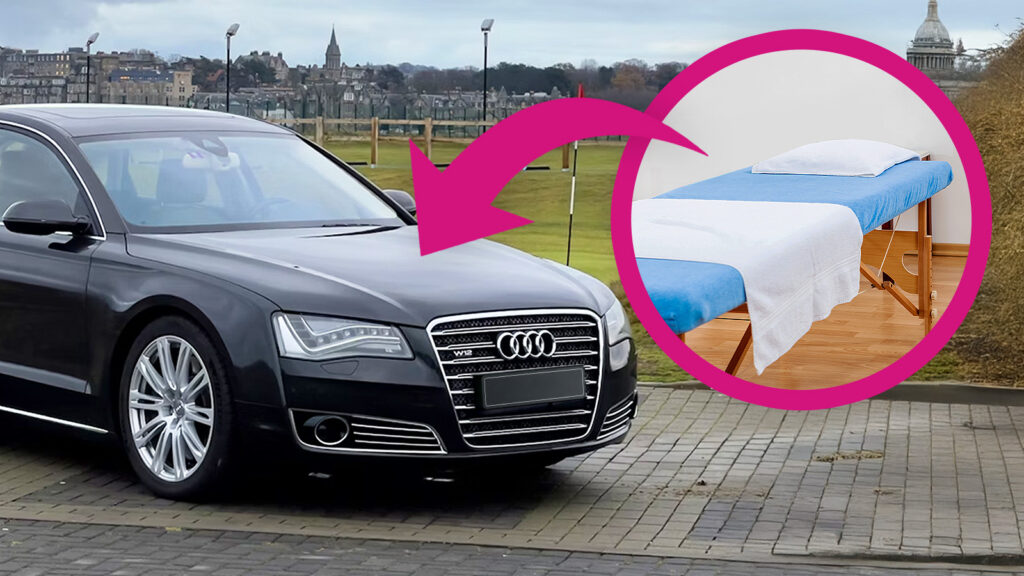 Das Bild zeigt einen Audi A8 und einen Massageraum.