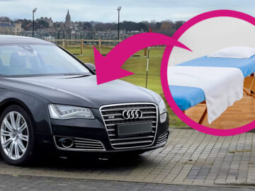 Das Bild zeigt einen Audi A8 und einen Massageraum.