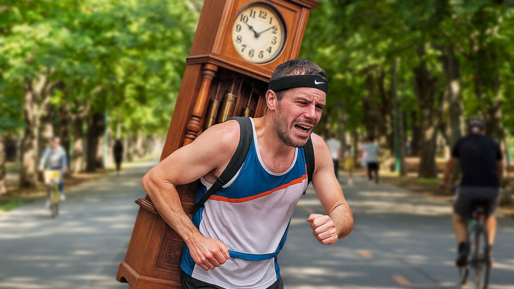 Das Bild zeigt einen angestrengten Läufer beim Tragen einer Standuhr aus Holz.