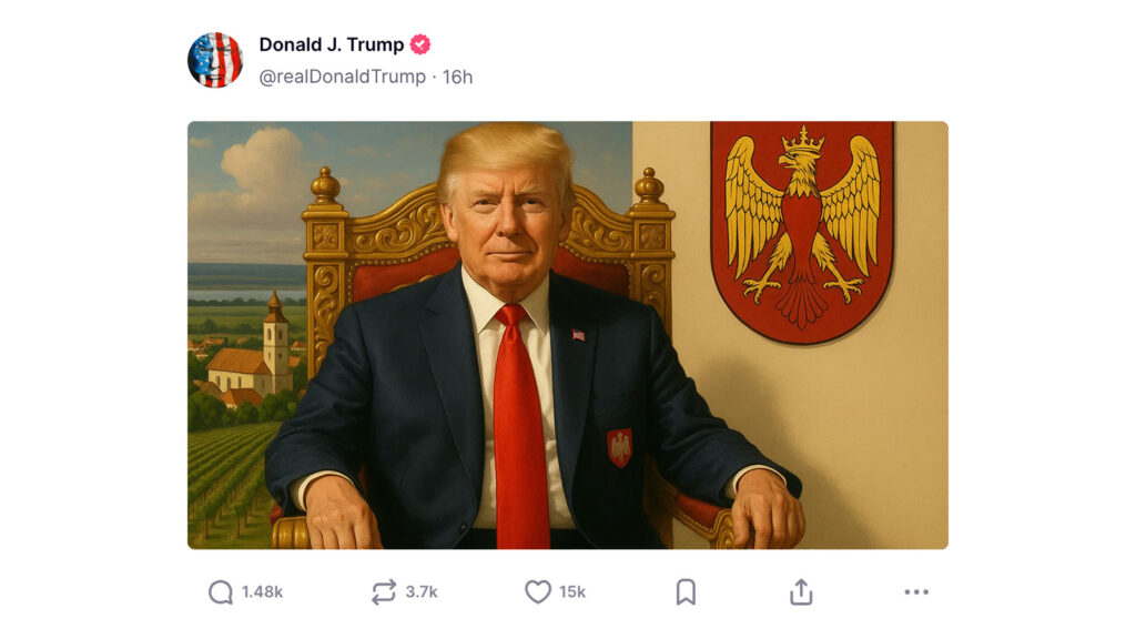 Das Bild zeigt einen Tweet von Trump. Der Tweet ist ein AI Bild von Trump auf einem Thron, im Hintergrund sieht man das Burgeland.