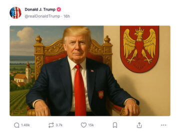 Das Bild zeigt einen Tweet von Trump. Der Tweet ist ein AI Bild von Trump auf einem Thron, im Hintergrund sieht man das Burgeland.