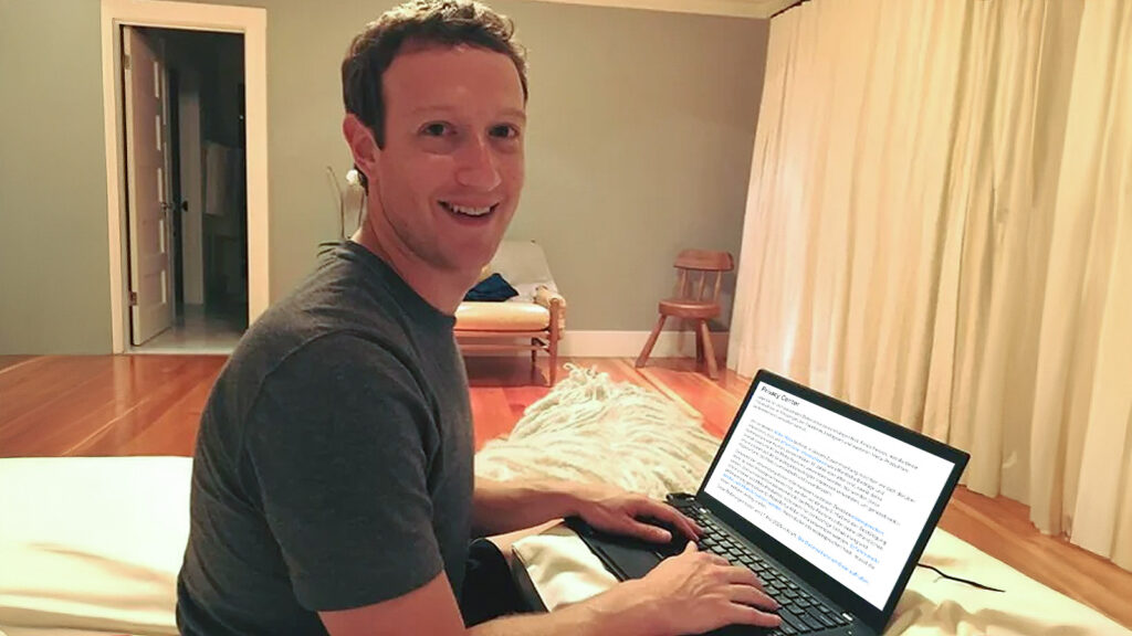 Das Bild zeigt Mark Zuckerberg vor seinem Laptop.