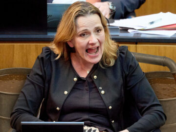 Das Bild zeigt Belakowitsch mit zwei Fässern mit brauner Flüssigkeit im Parlament.